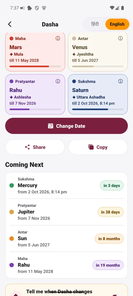 MahaJyotish app — Running now, four levels