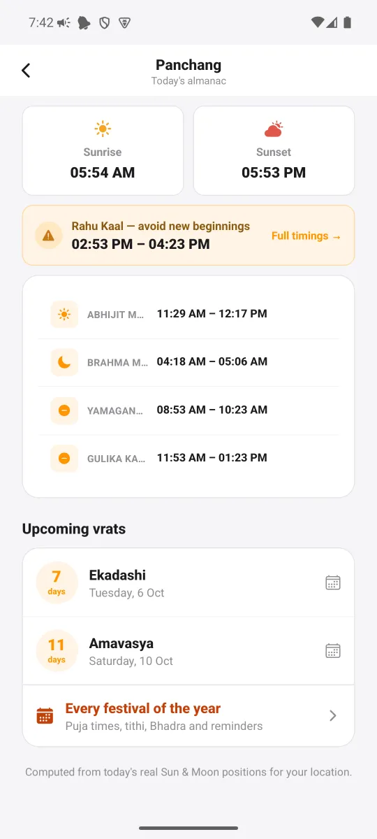 Day timings — Sunrise, Rahu Kaal, upcoming vrats