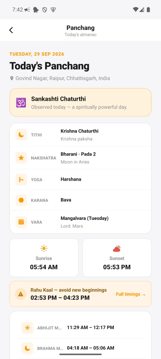 MahaJyotish app — Today's Panchang