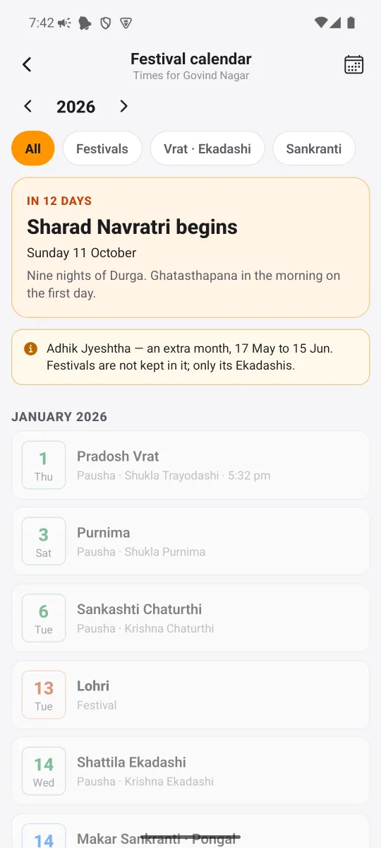 MahaJyotish app — Festival calendar