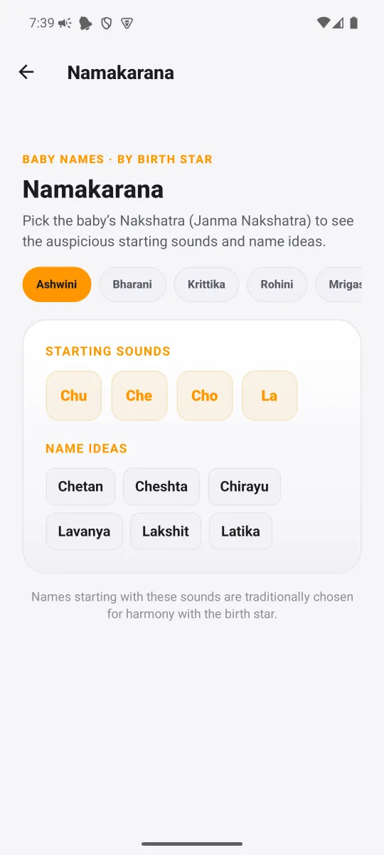 Namakarana — Name sounds by birth star