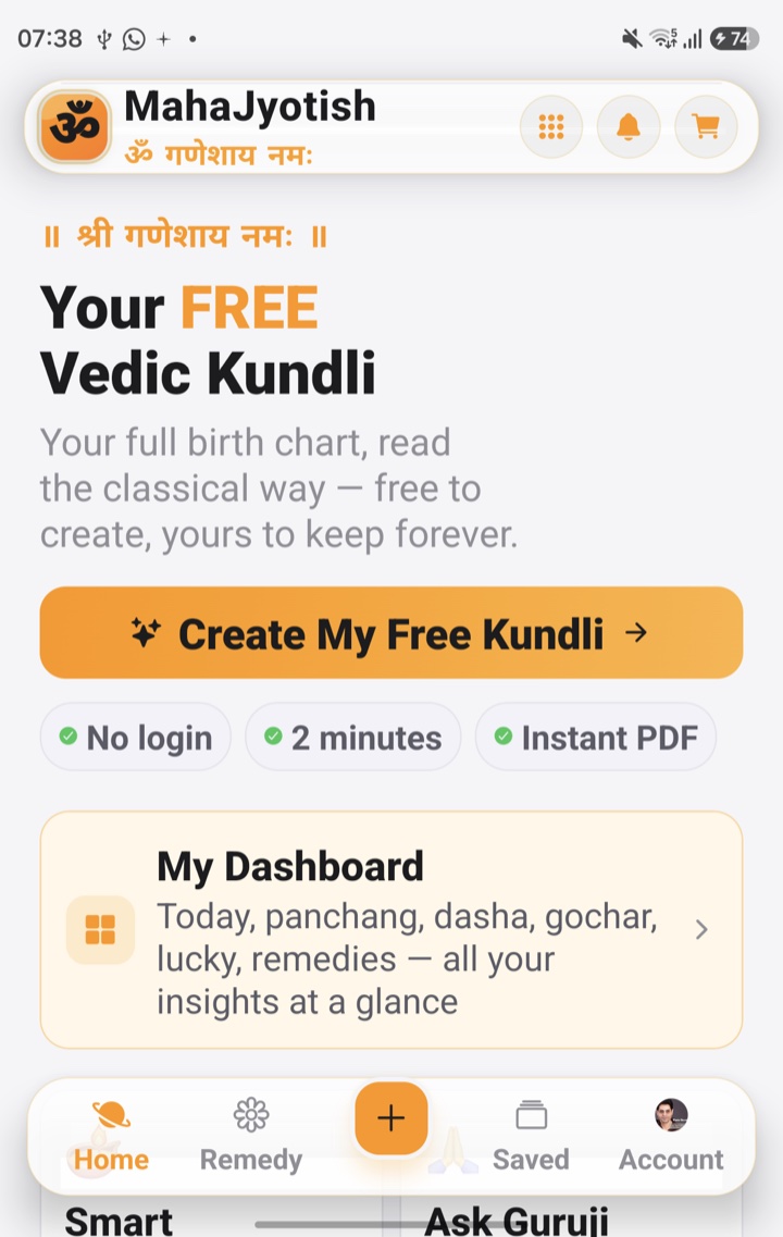MahaJyotish app home screen — create your free Vedic Kundli
