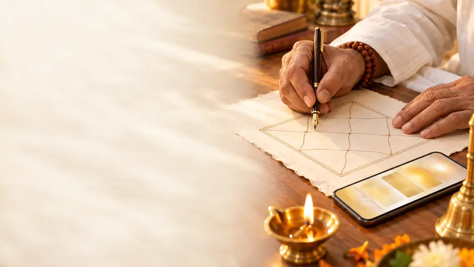 Guruji's hands writing a kundli, beside a phone with the reading