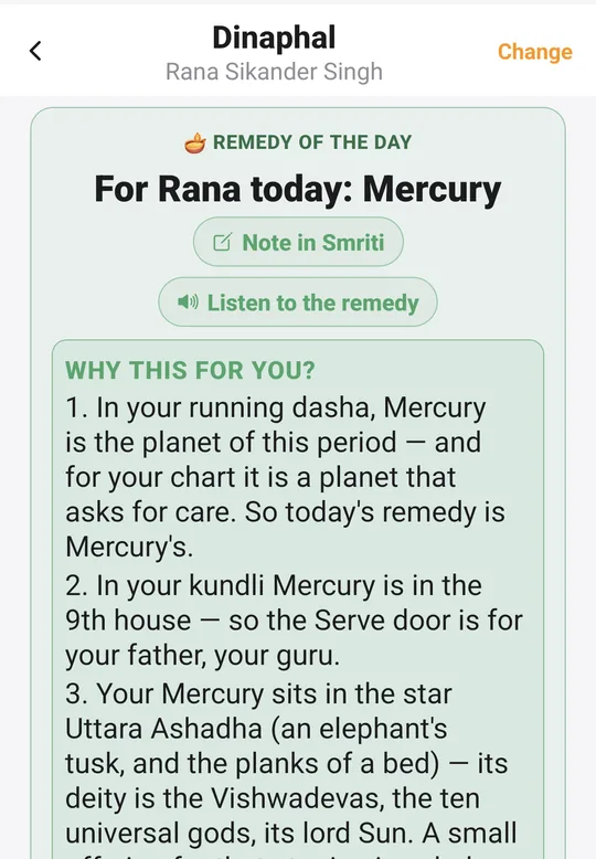 MahaJyotish app — Remedy of the day, and why it is yours